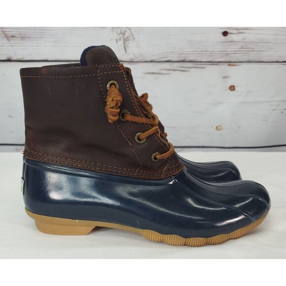 Sperry Saltwater STS91175 Brown Navy Blue Rain Duck Boots Leather Women's 5.5 - Picture 1 of 11